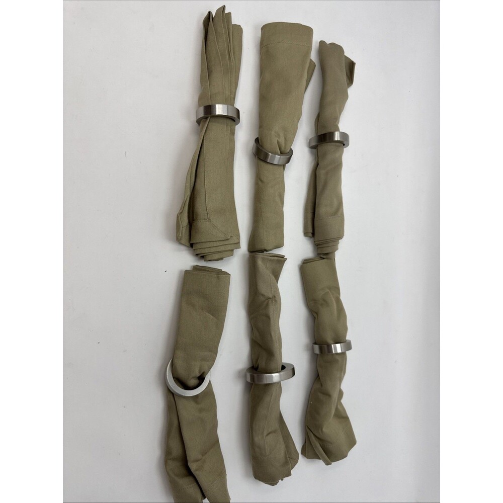 Lot of 6 Crate & Barrel Neutral Beige Metal Ring Cotton Napkins 20x20.